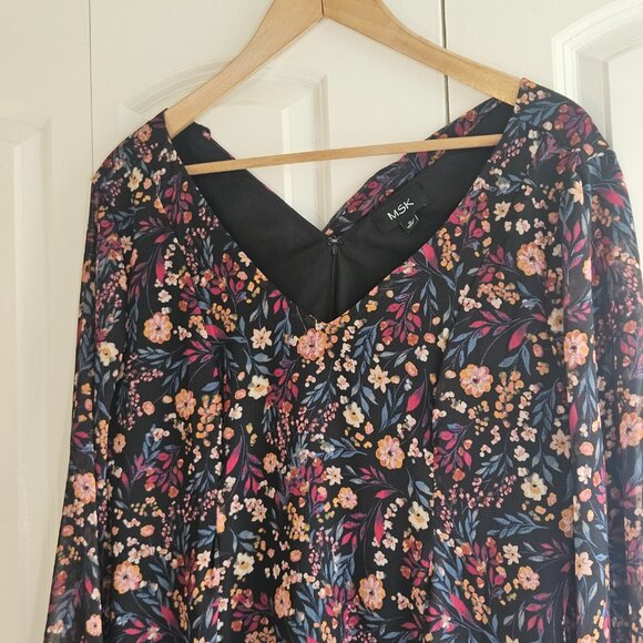 MSK Floral Chiffon Dress Size XL Sheer Sleeve Tie Back Boho Romantic Fall Outfit - Picture 2 of 10